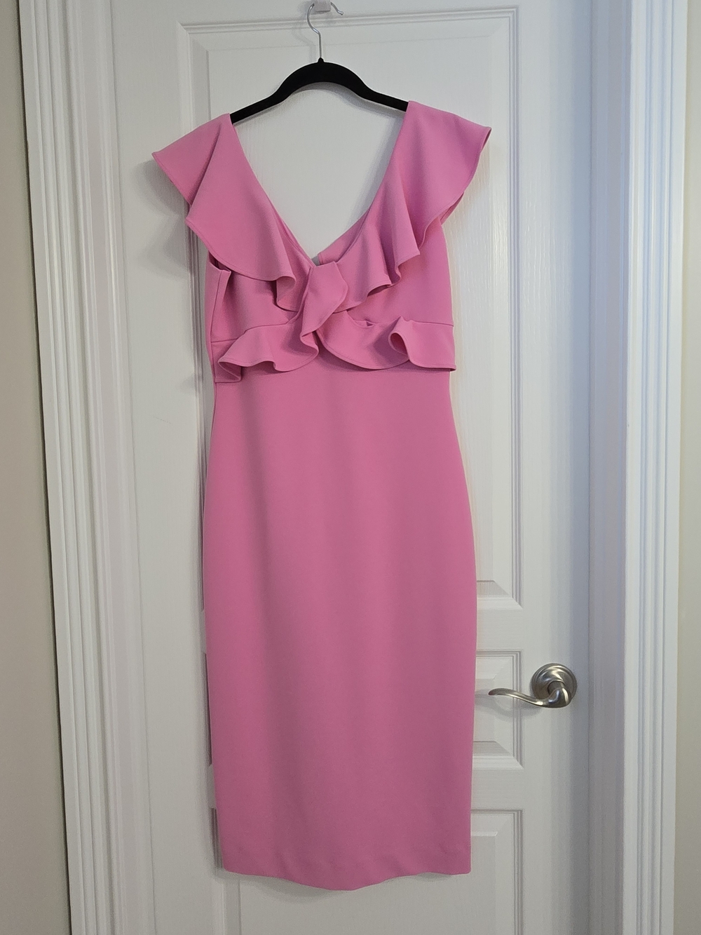 ANTONIO MELANI Pink Ruffle Midi Sheath Dress